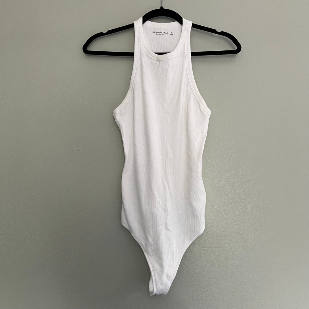 Abercrombie & Fitch White Soft Ribbed High Neck Racerback Thong Bodysuit Medium